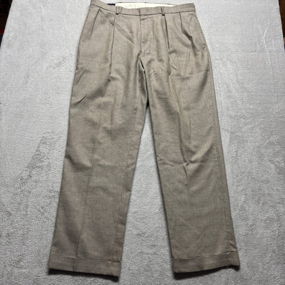 VTG Polo Ralph Lauren Pants Mens 36x32 Brown Micro Houndstooth Pleated Cuffed VG